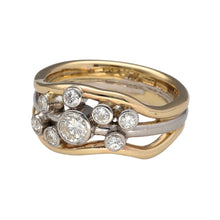 Load image into Gallery viewer, Preowned 9ct Yellow and White Gold &amp; Diamond Set Bubble Ring in size V with the weight 11.40 grams. There is approximately 1.31ct of diamond content in total made up with eight brilliant cut rubover set diamonds in various sizes. The front of the ring is approximately 12mm wide
