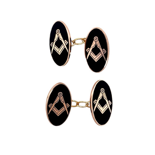 9ct Gold Black Enamelled Masonic Oval Cufflinks