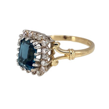 Load image into Gallery viewer, Preowned 9ct Yellow and White Gold Diamond &amp; Blue Topaz Set Cluster Ring in size L with the weight 2.90 grams. The topaz stone is 8mm by 6mm

