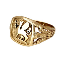 Load image into Gallery viewer, Preowned 9ct Yellow Gold Welsh Dragon Signet Ring with three feathers symbols on the shoulders. The ring is in size X with the weight 10.49 grams. The front of the ring is 15mm high
