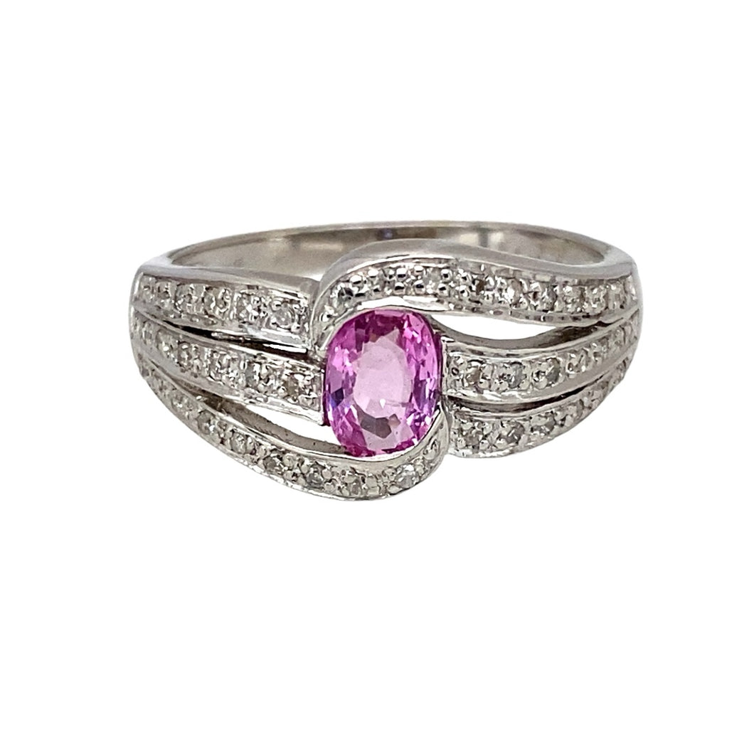 14ct White Gold Diamond & Pink Sapphire Set Split Band Ring