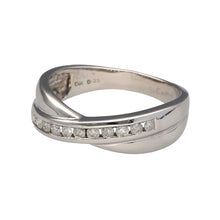 Load image into Gallery viewer, Preowned 18ct White Gold &amp; Diamond Set Crossover Band Ring in size O with the weight 4.20 grams. The front of the band is 3mm to 6mm wide
