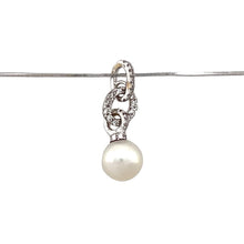 Load image into Gallery viewer, Preowned 18ct White Gold Diamond &amp; Pearl Set Drop Pendant on an 18&quot; flat snake chain with the weight 4 grams. The pendant is 2.4cm long including the bail
