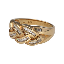 Load image into Gallery viewer, New 9ct Yellow Gold &amp; 0.36ct Diamond Set Plaited Wide Band Ring in size P with the weight 5.80 grams. The front of the ring is 10mm high and the ring is made up of baguette cut diamonds. There is approximately 0.36ct of diamond content set in total
