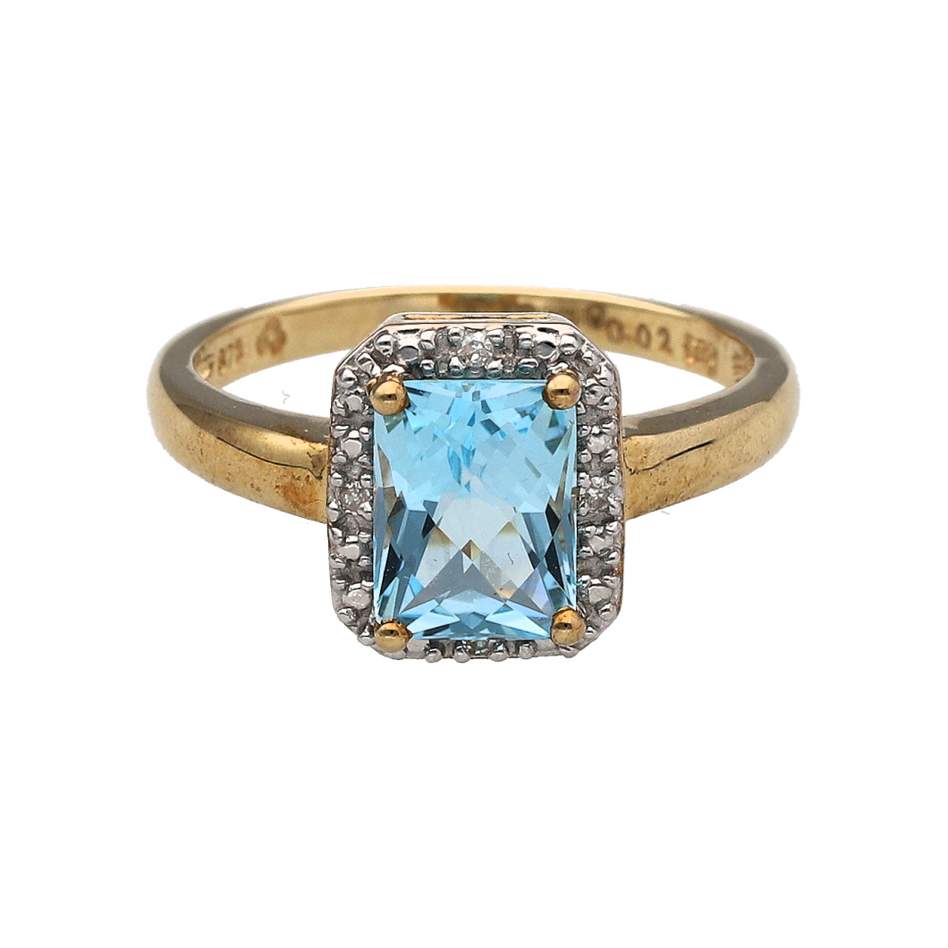 New 9ct Gold Diamond & Blue Topaz Set Halo Ring