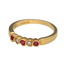 Load image into Gallery viewer, New 18ct Yellow Gold Diamond &amp; Ruby Set Band Ring in size N with the weight 3.30 grams. The ruby stones are each approximately 1.5mm diameter and the front of the band is 3mm wide. There is approximately 0.05ct of diamond content set in the band in total
