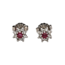 Load image into Gallery viewer, New 9ct White Gold Diamond &amp; Ruby Set Flower Cluster Stud Earrings with the weight 0.90 grams. The ruby stones are each approximately 2mm diameter and there is approximately 0.15ct of diamond content set in the pair of earrings in total
