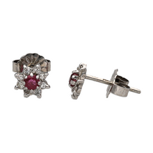 Load image into Gallery viewer, New 9ct White Gold Diamond &amp; Ruby Set Flower Cluster Stud Earrings
