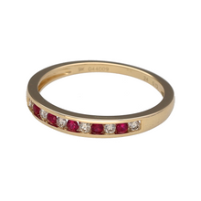 Load image into Gallery viewer, New 9ct Yellow Gold Diamond &amp; Ruby Set Band Ring in size N with the weight 1.50 grams. The front of the band is 3mm wide and the ruby stones are each approximately 1.5mm diameter. The ring has 0.12ct of diamond content in total
