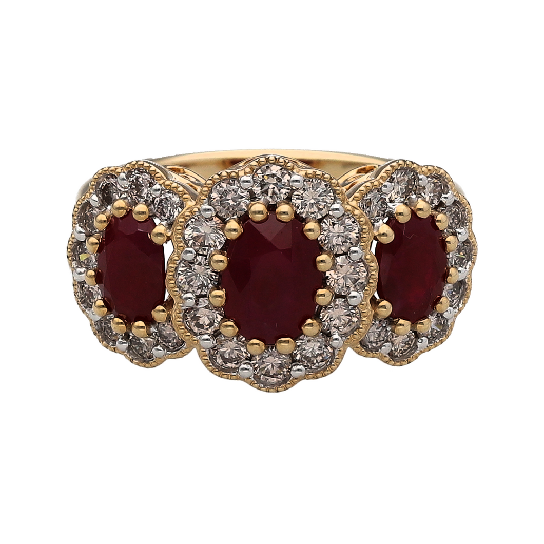 New 9ct Gold 0.85ct Diamond & Ruby Set Trilogy Cluster Ring