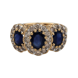 New 9ct Gold 0.85ct Diamond & Sapphire Set Cluster Trilogy Ring