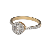 Load image into Gallery viewer, New 9ct Yellow and White Gold &amp; 0.60ct Diamond Set Halo Ring in size N with the weight 2.10 grams. There is approximately 0.60ct of diamond content set in total at approximate clarity Si and colour H. The front of the ring is 8mm high and the shoulders are diamond set on half the band
