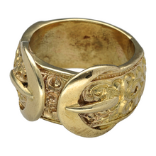 Load image into Gallery viewer, New 9ct Yellow Solid Gold Double Buckle Ring in size Z with the weight 25.10 grams. The front of the buckle is 16mm wide and the band is 13mm wide
