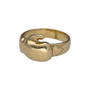 New 9ct Yellow Gold Boxing Glove Ring in size V with the weight 11 grams. The front of the boxing glove is 13mm high and the back of the band tapers to 5mm wide