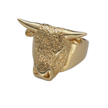 Load image into Gallery viewer, New 9ct Yellow Gold Bull Ring in size W to X with the weight 26 grams. The front of the ring is 24mm high
