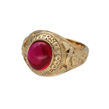 Load image into Gallery viewer, New 9ct Yellow Gold &amp; Pink Stone Graduation/University Ring in size X with the weight 12.80 grams. The pink stone is 12mm by 10mm and the front of the ring is 19mm high. The ring says &#39;University of Life&#39; and has patterned shoulders
