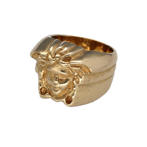 New 9ct Yellow Gold Medusa Face Ring in size O to P with the weight 22.70 grams. The front of the ring is 16mm high