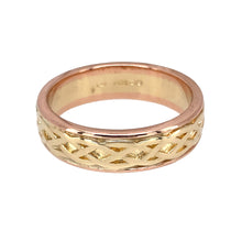 Load image into Gallery viewer, Preowned 9ct Yellow and Rose Gold Clogau Celtic Band Ring in size P with the weight 5.70 grams. The band is 6mm wide
