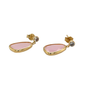 New 9ct Yellow Gold Cubic Zirconia & Pink Stone Set Drop Earrings with the weight 1.30 grams. The pink stones are each 11mm by 8mm and the cubic zirconia stones are each approximately 3mm diameter 