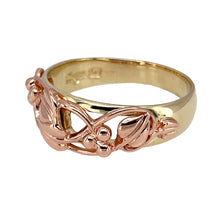 Load image into Gallery viewer, Preowned 9ct Yellow and Rose Gold Clogau Tree of Life Ring in size Y with the weight 6.40 grams. The front of the ring is 8mm wide
