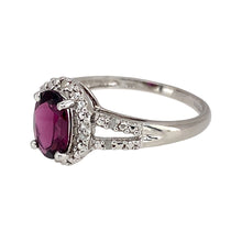 Load image into Gallery viewer, Preowned 9ct White Gold &amp; Pink Stone Set Halo Ring in size P with the weight 2.30 grams. The pink stone (possibly pink tourmaline) is 8mm by 6mm 
