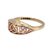 Load image into Gallery viewer, Preowned 9ct Yellow and Rose Gold Clogau Celtic Knot Ring (Queen Elenor Collection) in size K with the weight 2.40 grams. The front of the ring is 8mm high
