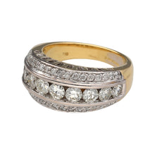 Load image into Gallery viewer, Preowned 18ct Yellow and White Gold &amp; Diamond Set Three Row Band Ring in size K with the weight 9.40 grams. There ring is made up of small brilliant cut diamonds on the top and bottom and a larger row in the middle. There is approximately 1.50ct of diamond content in total at approximate clarity Si2 and colour M - N
