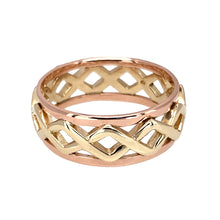 Load image into Gallery viewer, Preowned 9ct Yellow and Rose Gold Clogau Weaved Wide Band Ring in size P with the weight 4.30 grams. The band is 8mm wide
