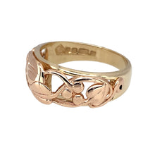 Load image into Gallery viewer, Preowned 9ct Yellow and Rose Gold Clogau Tree of Life Ring in size L to M with the weight 4.10 grams. The front of the ring is 8mm wide
