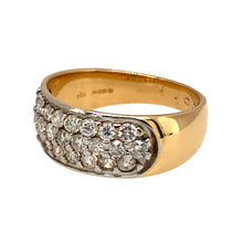 Load image into Gallery viewer, Preowned 18ct Yellow and White Gold &amp; Diamond Set Wide Diamond Band Ring in size M with the weight 4.80 grams. The band is 8mm wide at the front and there is approximately 84pt - 1ct of diamond content in total. The diamonds are approximate clarity Si2 and colour K - M
