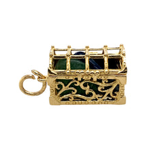 Load image into Gallery viewer, Preowned 9ct Gold &amp; Multi Stone Set Treasure Chest Pendant with the weight 7.50 grams. The stones are blue, green, yellowy/brown
