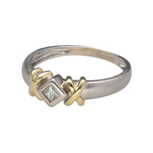 Load image into Gallery viewer, Preowned 9ct White and Yellow Gold &amp; Diamond Set Kiss Patterned Brushed Finish Solitaire Ring in size M with the weight 2.20 grams. The front of the ring is 6mm wide
