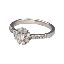 Load image into Gallery viewer, Preowned 18ct White Gold &amp; Diamond Flower Cluster Ring in size L with the weight 3.20 grams. The ring is made up of two baguette cut diamond and is surrounded by brilliant cit cut diamond at approximately 40pt of diamond content in total
