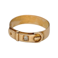 Load image into Gallery viewer, Preowned 18ct Yellow Gold &amp; Diamond Set Buckle Ring in size N with the weight 2.70 grams. The band is 5mm wide
