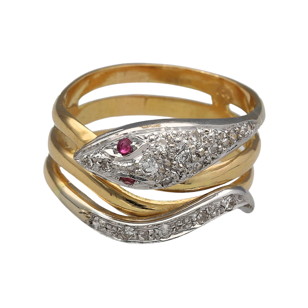 18ct Gold Diamond & Ruby Set Serpent Ring