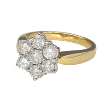 Load image into Gallery viewer, Preowned 18ct Yellow and White Gold &amp; Diamond Set Flower Cluster Ring in size I with the weight 5.10 grams. There is approximately 1ct of diamond content at approximate clarity Si1 - Si2 and colour J - K
