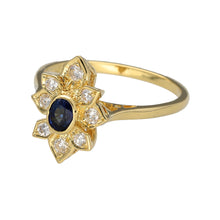 Load image into Gallery viewer, Preowned 18ct Yellow Gold Diamond &amp; Sapphire Set Cluster Flower Ring in size O with the weight 4 grams. The sapphire stone is 4mm by 3mm and the front of the ring is 14mm high
