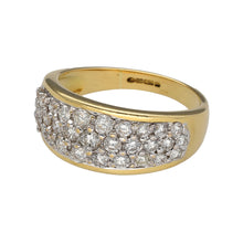 Load image into Gallery viewer, Preowned 18ct Yellow and White Gold &amp; Diamond Set Wide Band Ring in size M to N with the weight 6.20 grams. The front of the band is 9mm and made up of three rows of diamonds. There is a total of approximately 92pt - 1ct diamond content at approximate clarity i1 and colour K - M
