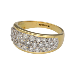 Preowned 18ct Yellow and White Gold & Diamond Set Wide Band Ring in size M to N with the weight 6.20 grams. The front of the band is 9mm and made up of three rows of diamonds. There is a total of approximately 92pt - 1ct diamond content at approximate clarity i1 and colour K - M