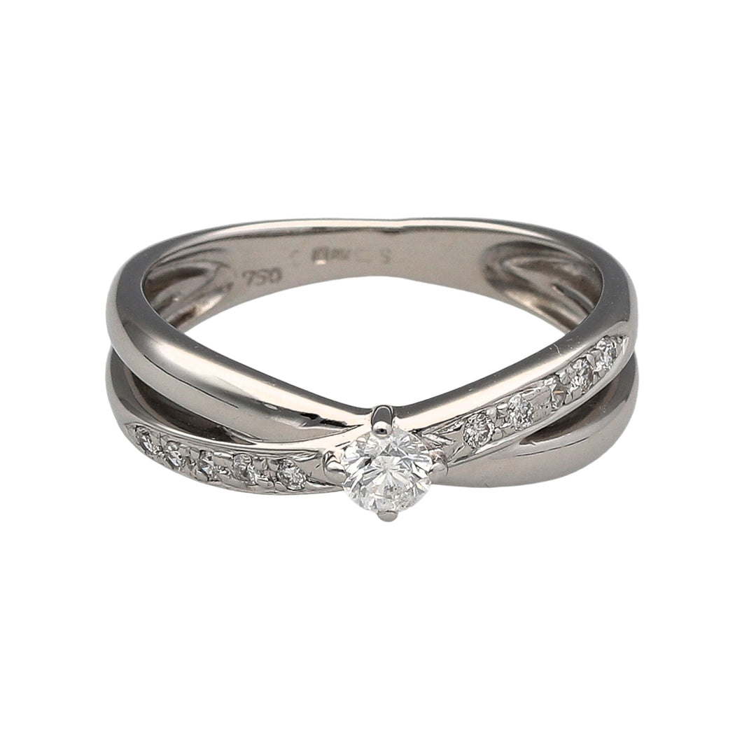 18ct White Gold & Diamond Set Crossover Band Solitaire Ring