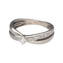 Load image into Gallery viewer, Preowned 18ct White Gold &amp; Diamond Set Crossover Band Solitaire Ring in size K with the weight 3.20 grams. The band is 3mm to 5mm wide and the center diamond is approximately 15pt
