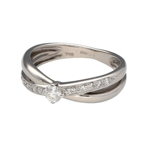 Preowned 18ct White Gold & Diamond Set Crossover Band Solitaire Ring in size K with the weight 3.20 grams. The band is 3mm to 5mm wide and the center diamond is approximately 15pt