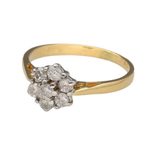 Load image into Gallery viewer, Preowned 18ct Yellow and White Gold &amp; Diamond Set Flower Cluster Ring in size N with the weight 2.90 grams. There is approximately 50pt of diamond content at approximate clarity i1 and colour M - R
