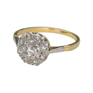 Preowned 18ct Yellow and White Gold & Diamond Set Antique Style Cluster Ring in size L with the weight 2.70 grams. The front of the ring is 9mm high