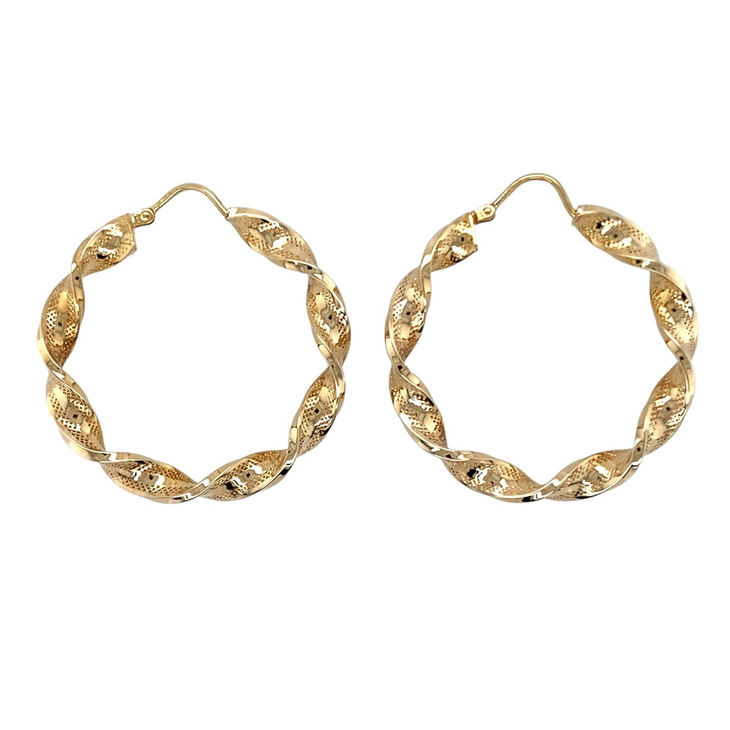 9ct Gold Patterned Twist Hoop Creole Earrings