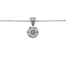Load image into Gallery viewer, Preowned 18ct White Gold &amp; Diamond Set Flower Cluster Pendant on a 16&quot; fine chain with the weight 2 grams. The pendant is 1.3cm long including the bail and there is approximately 25pt of diamond content in total
