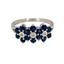 Load image into Gallery viewer, 9ct White Gold Diamond &amp; Sapphire Set Trilogy Flower Cluster Ring
