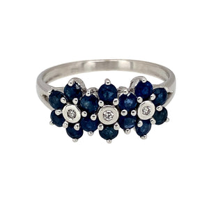 9ct White Gold Diamond & Sapphire Set Trilogy Flower Cluster Ring