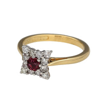 Load image into Gallery viewer, Preowned 18ct Yellow and White Gold Diamond &amp; Ruby Set Antique Style Ring in size in size M with the weight 3.60 grams. The front of the ring is 8mm at the widest and the ruby stone is 4mm diameter. There is approximately 35pt of diamond content in total
