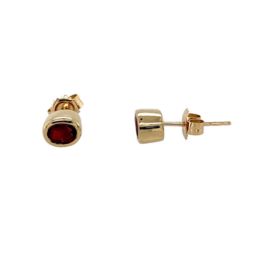 9ct Gold & Red Stone Oval Stud Earrings